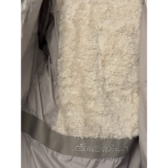 Women's L Eddie Bauer Sun Valley Down Parka Faux Fur Trim Hood Vapour White Coat - Picture 7 of 11